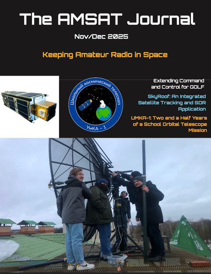 The cover of the AMSAT Journal showing a CubeSat satellite and students with a large dish antenna