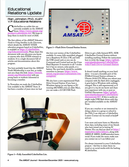 The Educational Relations column in the AMSAT Journal with information about CubeSatSim Kits and Lites