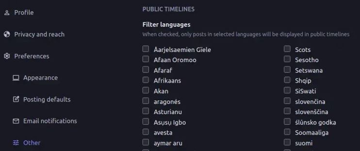 Screenshot of Mastodon > Preferences > Other > Public Timelines > Filter languages