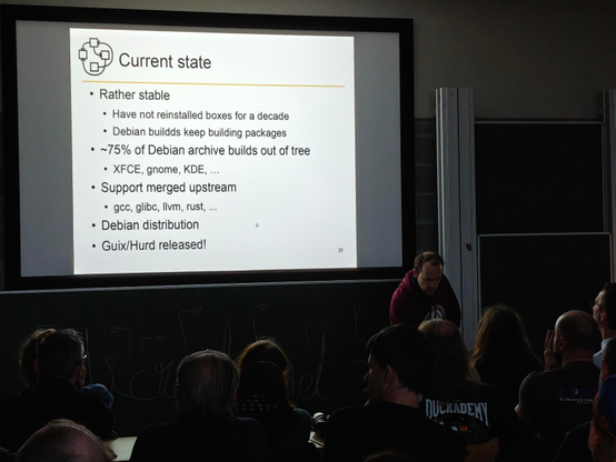 A slide on Current state
* Rather stable
* Have not reinstalled boxes for a decade
  * Debian buildds keep building packages
* ~75% of Debian archive builds out of tree
* XFCE, gnome, KDE, ...
* Support merged upstream
* gcc, glibc, llvm, rust, ...
* Debian distribution
* Guix/Hurd released!
