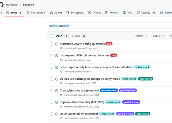 a screenshot of the github issues with colorful labels