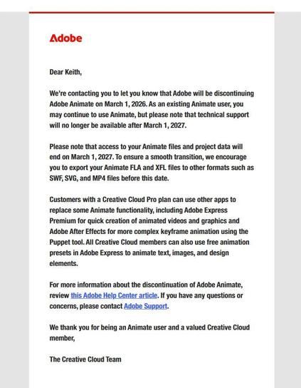 Email explaining Adobe is abruptly discontinuing Adobe Animate in one month.