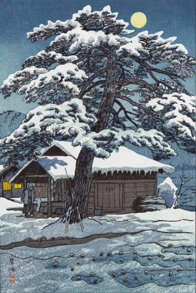 A full moon shines down out of a starless night sky, illuminating a pair of rustic wooden buildings standing near a tall wiry pine tree. In the foreground, the stumps of a few dozen wooden posts poke up through the snow, all that remains of some lost structure. Beyond, the pine tree dominates the center of the image, its branches heavy with snow. A figure carrying a bucket is approaching the nearest building; warm lights shine in the windows of the second building further on. A layer of fresh snow covers everything.