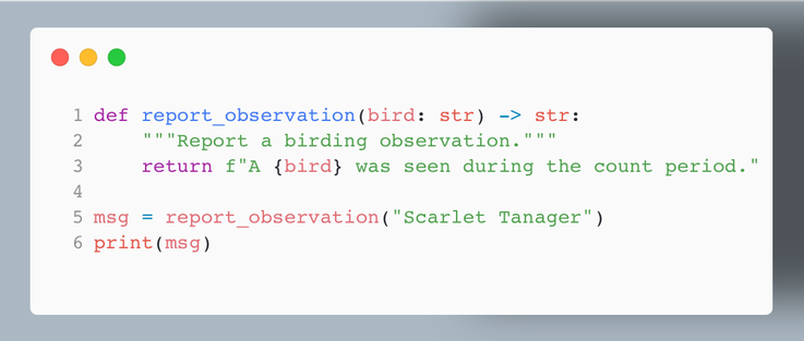def report_observation(bird: str) -> str:
    """Report a birding observation."""
    return f"A {bird} was seen during the count period."

msg = report
print(msg)