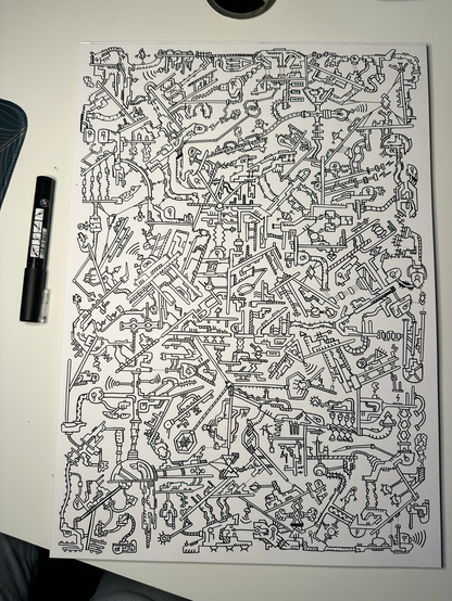 A dense doodle drawing covering an A3 sheet of paper of strange connected machines