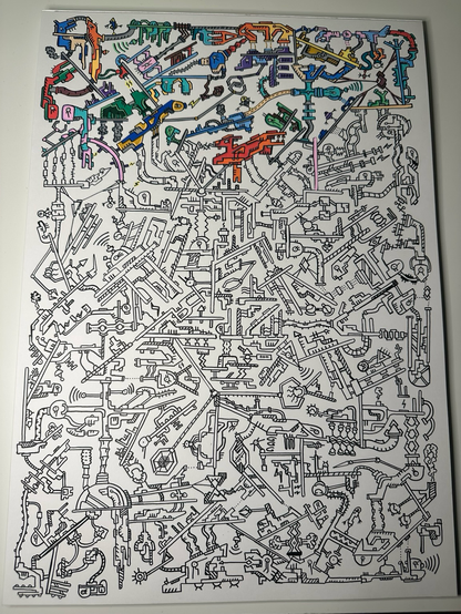 Busy doodle drawing in the process of being colored