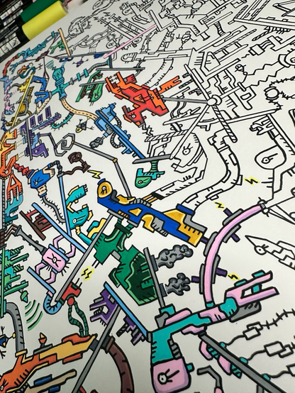 Busy doodle drawing in the process of being colored