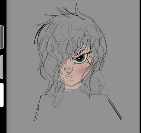 Bust and above of a femme character with large eyes and wavy hair. Only one green eye is shown. I started to color her skin and add some darker tones.