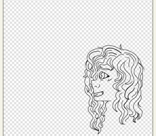 Side profile from the head up of a femme character smiling. Her hair is wavy. The image is uncolored.