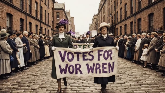 Suffragettes holding a sign 'Votes for Wor Wren'