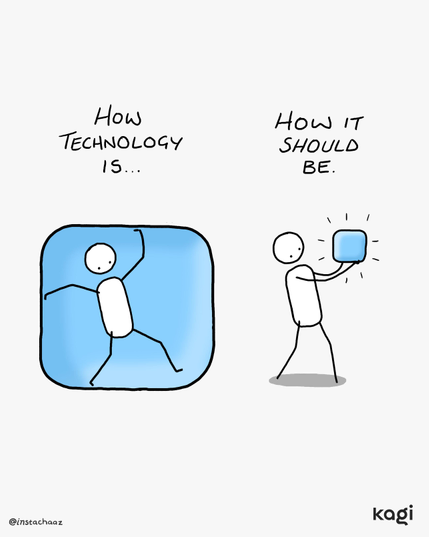 Cartoon comparing “How Technology is…” vs “How it should be.” On the left, a stick figure appears trapped inside a rounded blue square icon; on the right, a stick figure stands holding a glowing blue square, with a small Kagi logo and @instachaaz credit at the bottom.