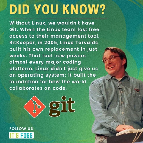 DID YOU KNOW?

Without Linux, we wouldn’t have Git. When the Linux team lost free access to their management tool, BitKeeper, in 2005, Linus Torvalds built his own replacement in just weeks. That tool now powers almost every major coding platform. Linux didn’t just give us an operating system; it built the foundation for how the world collaborates on code.

git logo

Follow us
IT’S FOSS