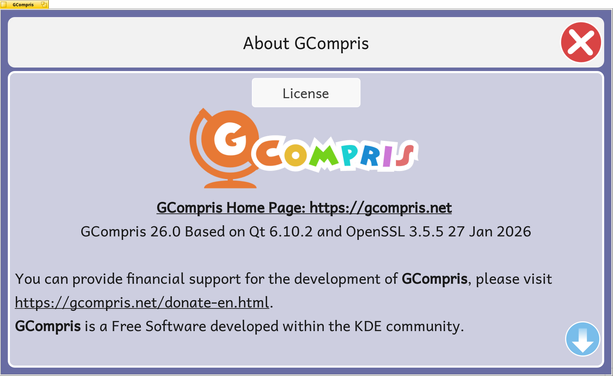 Latest GCompris 26.0 running on Haiku, build locally with Qt 6.10.2 (on haikuports build with Qt 6.7.2).