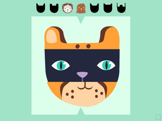 Screenshot of our game with a green frame and a lighter green „display“ that has three slices / lanes of different animal faces on it, the upper and bottom are from a cheetah, the middle one from a cat. Above the display are icons of the animal faces that were already correctly assembled (a hedgehog and a falcon).