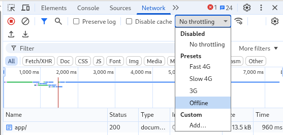 Screenshot of the “Network” tab in the Chromium developer tools. It shows a dropdown menu for network throttling, with “No throttling” being the current value, and “Offline” as the newly selected option.