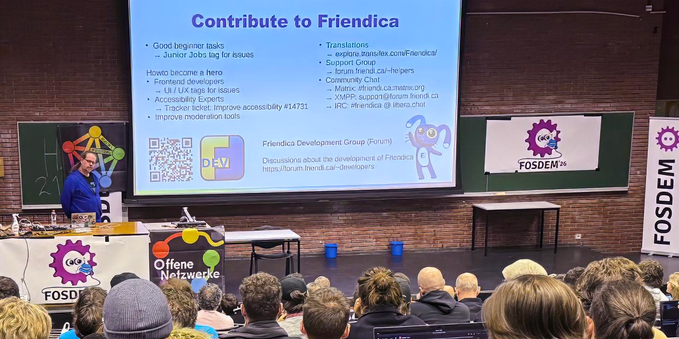 💢  FOSDEM 2026 | https://fosdem.org/2026
📅  30 Jan - 01 Feb 📍 ULB Brussels
👉 Schedule : https://fosdem.org/2026/schedule
📢 Welcome to FOSDEM 2026 :
https://fosdem.org/2026/schedule/event/SFKNTZ-welcome_to_fosdem_2026
🎦  Scheduled 1079 Events : https://fosdem.org/2026/schedule/events
🔴 SOCIAL WEB Track (Fediverse) | Video Replay :
https://fosdem.org/2026/schedule/track/social-web
👏 Many thanks to the organizers, participants, speakers and volunteers
✊🏾✊🏽✊ #FOSDEM #FOSDEM2026 #FOSDEM26 #SocialWeb #Fediverse #JoinTheFediverse #Friendica

@fosdem@fosstodon.org @swf@socialwebfoundation.org @Mastodon @andypiper@macaw.social @evanprodromou@socialwebfoundation.org @Tobias@social.diekershoff.de
