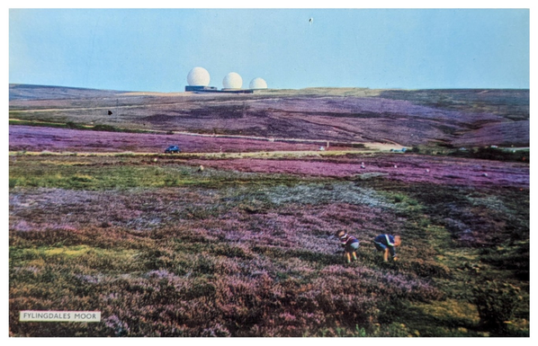 An old postcard showing three spherical buildings on Fylingdales Moor.