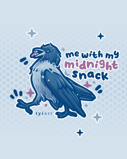 Drawing of a hooded crow confidently walking while carrying a walnut titled "me with my midnight snack"