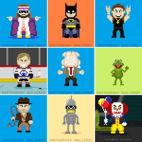 Pixel art sampler of:
1) Macho Man Randy Savage
2) Batman
3) Ozzy Osbourne
4) Wayne Gretzky
5) Merry Christmas Mr Bean
6) Kermit The Frog
7) Indiana Jones
8) Bender
9) Pennywise the Clown