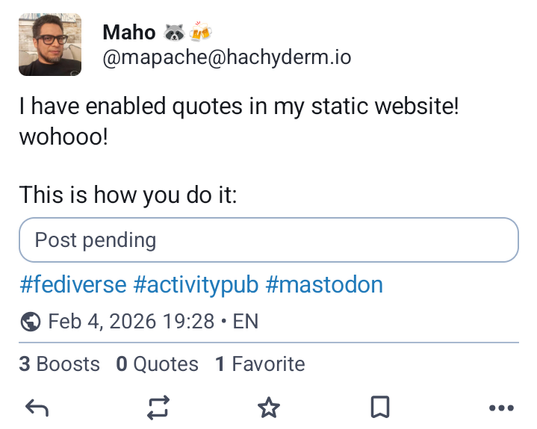 Post opened in the Tusky connected to the Mastodon instance.

Post should has an attached link but there is only "Post pending" message instead of it.