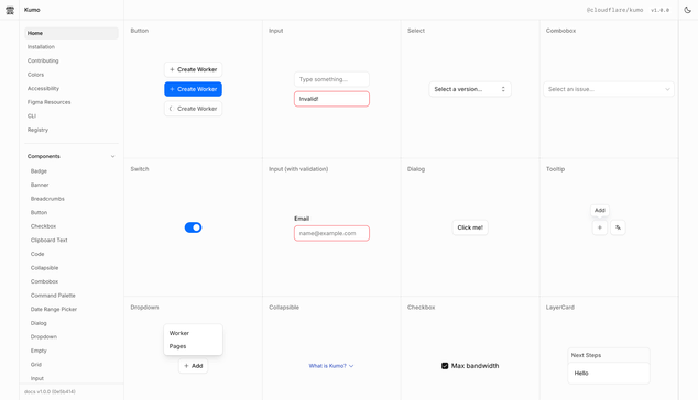 The Kumo documentation website displays a grid of core web components including buttons, inputs with validation, switches, and checkboxes. A sidebar on the left lists navigation links and a comprehensive library of UI elements.