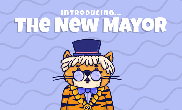 Cartoon illustration of a tiger dressed as a mayor, wearing a top hat, bow tie, and glasses, with the text "Introducing... The New Mayor."