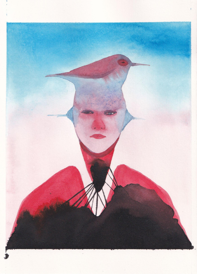 C'est un dessin, une tête surmonter d'un oiseau, le tout ne faisant qu'un. La tête est accrochée à une sorte de corps par des fils noirs.