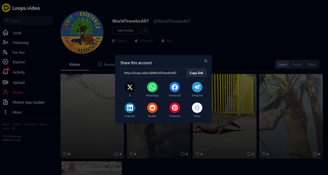 A screenshot of my loops account with the pop up from when I selected to share my account. The share choices include ex Whatsapp Facebook Linkedin and others but does not include Mastodon or blue sky