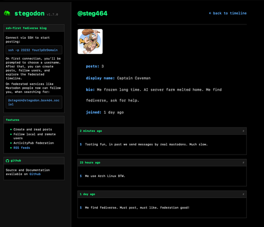 The web profile for my Stegodon user, Captain Caveman. It looks very terminal-esque.