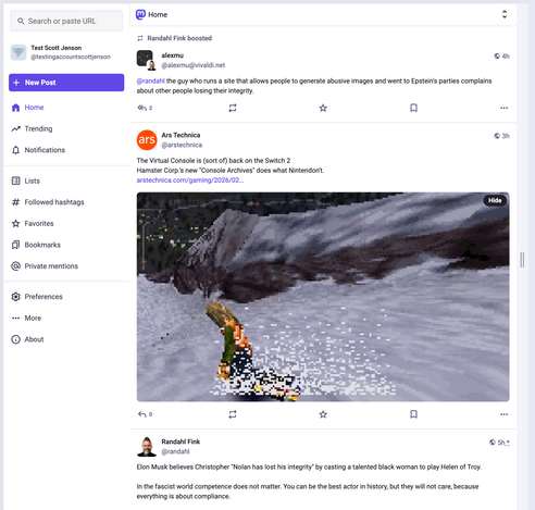 Screenshot of the web UI for mastodon with the navigation bar on the left with a "New Post" button and the remainder of the page a single column.
