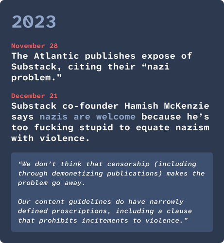 2023. November 28: The Atlantic publishes expose of Substack, citing their “nazi problem.” December 21: Substack co-founder Hamish McKenzie says nazis are welcome because he’s too fucking stupid to equate nazism with violence. Quote: “We don’t think that censorship (including through demonetizing publications) makes the problem go away. Our content guidelines do have narrowly defined proscriptions, including a clause that prohibits incitements to violence.”