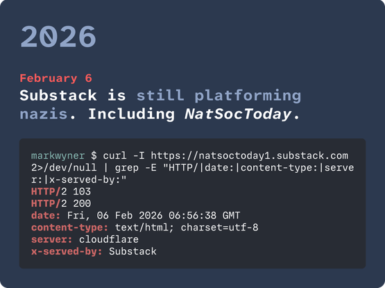 2026. February 6, 2026: Substack is still platforming nazis. Including NatSocToday. Screenshot of a terminal command and results, showing that the nazi site is live as of February 6, 2026 at 6:56 GMT.