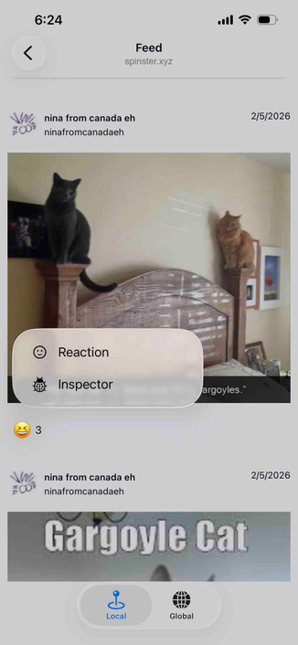 screenshot of a cat post with reactions and a long press menu with two options: inspector and reaction