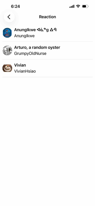 screenshot of a list of accounts with the title Reaction at top