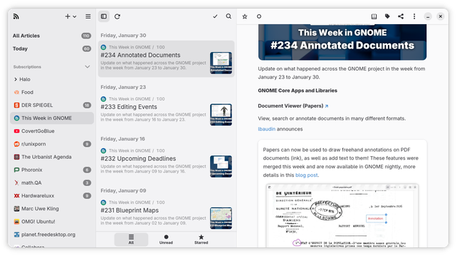 Newsflash feed reader displaying the latest issue of "This Week in GNOME" rendered purely in Gtk without webkit