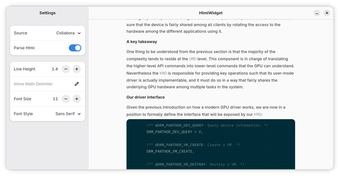 html2gtk sample showing collabora blog post with code in gtksourceview