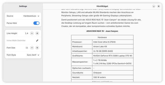 html2gtk sample showing hardwareluxx article with table