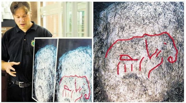 Two side-by-side images from the linked article. In the first, professor of underwater archaeology Mark Holley is holding a photo of a stone he says is carved with an image of a mastodon. The second image shows an enlarged detail of the stone with highlighted outlines of a crude engraving of a mastodon.
