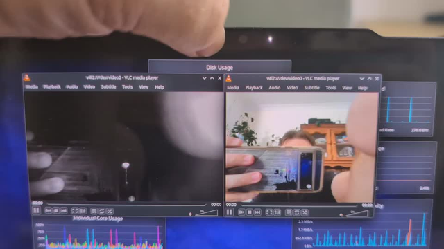 Video showing the regular camera and the secondary sensor both providing video streams, the secondary continuing to work when the privacy flap is closed and activity LED off.