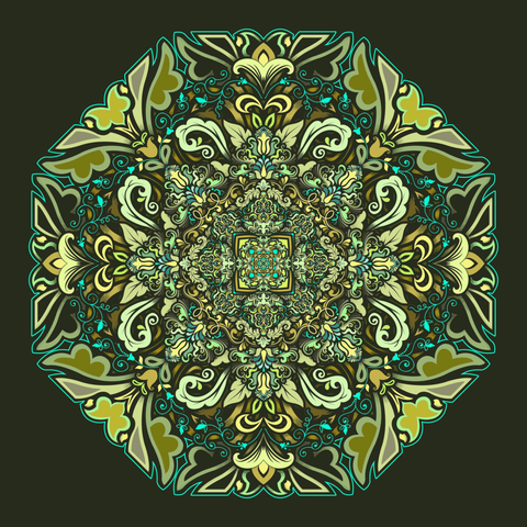 Octagonal axis mandala floating on a background of deep green space. The mandala consists of a myriad of Art Nouveau style ornamental floral shapes and forms in a variety of shades of green. It expands or blooms outwards from an infinitely small centre.