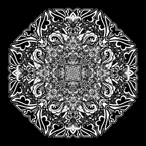 Octagonal axis mandala floating on a background of black space. The mandala consists of a myriad of Art Nouveau style ornamental floral shapes and forms in white with black detail and outline. It expands or blooms outwards from an infinitely small centre.