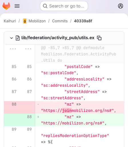 A commit that changes the JSON-LD header to include the domain mobilizon. org rather than joinmobilizon.org for the namespace