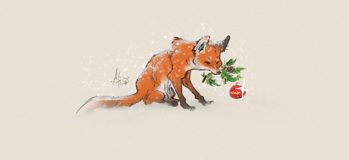 a fox holding a christmas branch