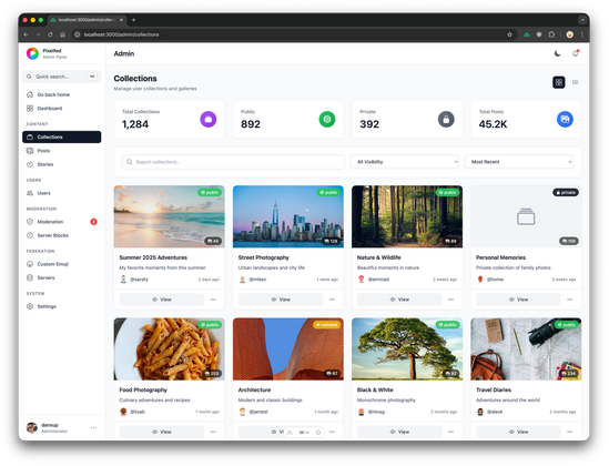 Pixelfed Admin Dashboard Collections preview