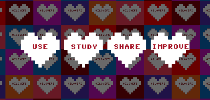Grafika przedstawia 4 serca z napisami: Use, Study, Share, Improve.