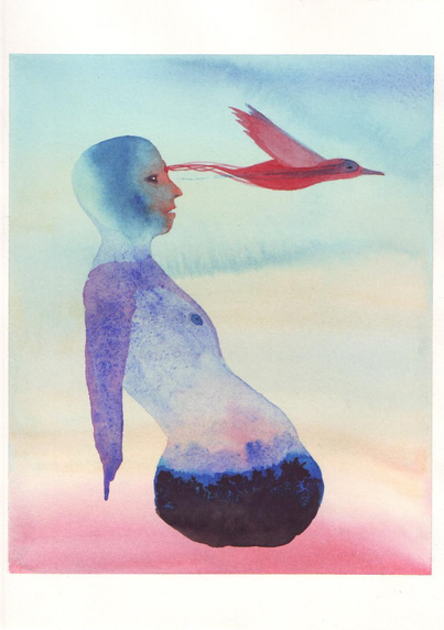 C'est un dessin, un personnage au membre atrophié dont s'échappe du crâne un oiseau en larme