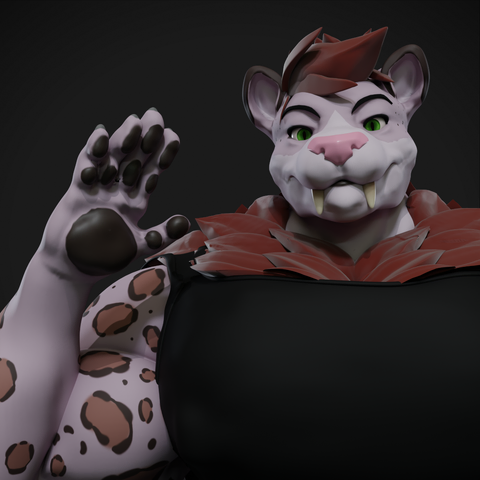 A 3d render of Darius, a big anthro snow leopard, wearing a black tanktop, smiling and waving towards the viewer in greeting.