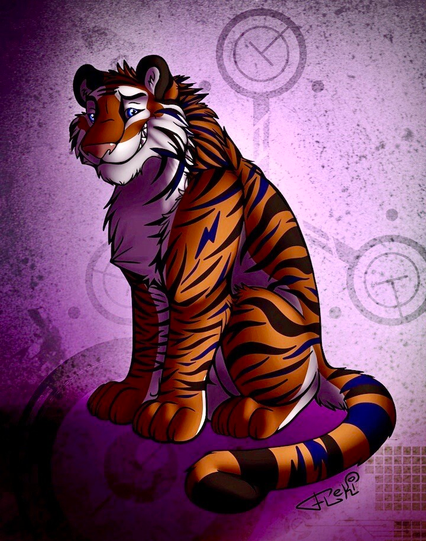 Colour artwork of an anthropomorphic tiger in a feral pose smiling at the viewer, commission from Fleki