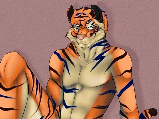 Colour artwork of an anthropomorphic tiger seated on the floor and leaning against a light coloured wall smiling at the viewer, commission from Conjures