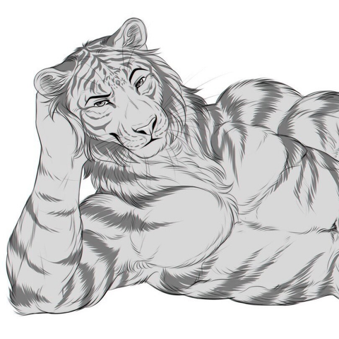 Greyscale artwork of an anthropomorphic tiger leaning lazily against a forearm and smiling at the viewer, commission from Heathenfang